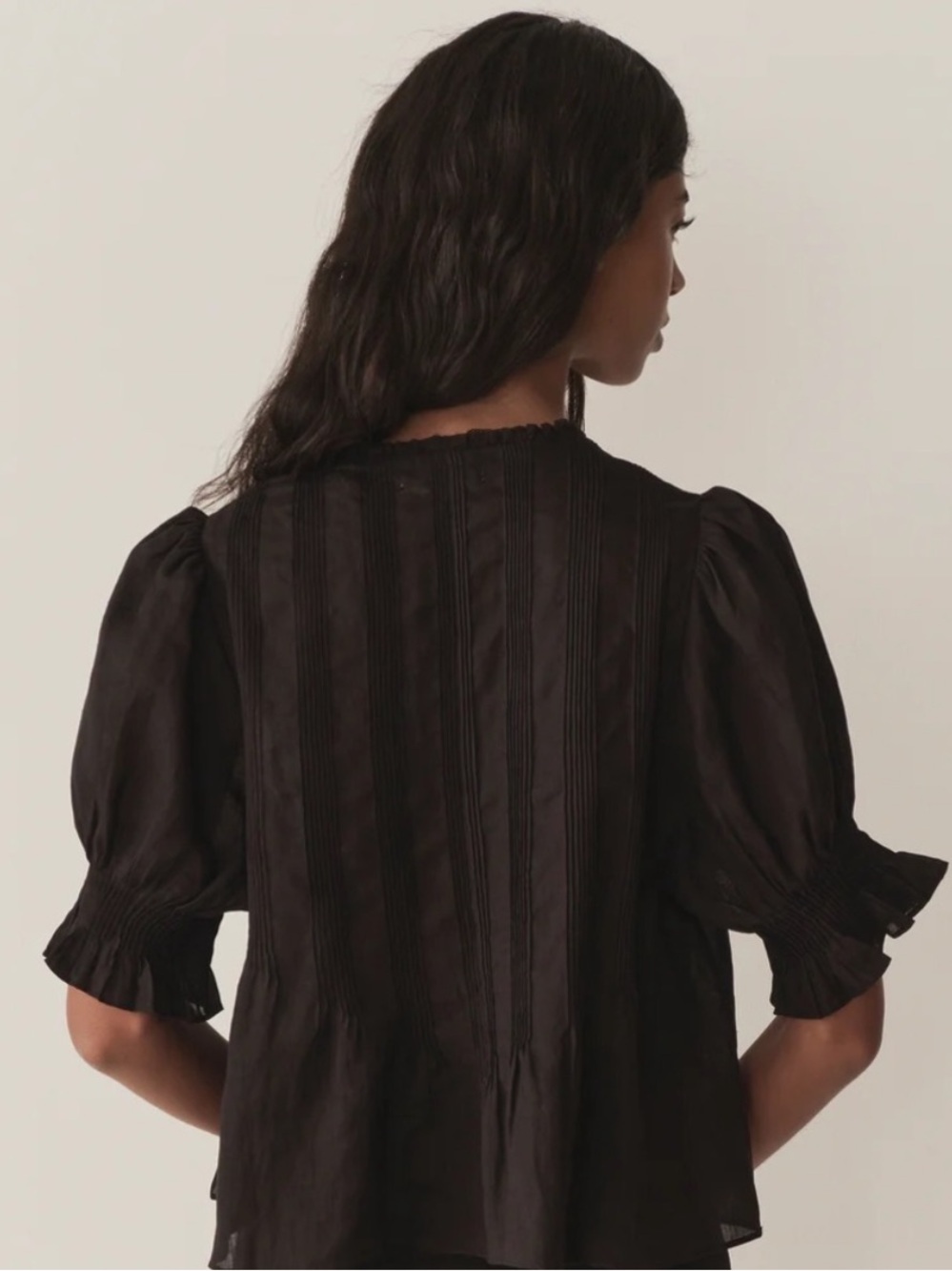 Doen Karlie Ramie Ruffle Pintuck Short Puff Sleeve Shoulder Blouse Top Black - Picture 2 of 11